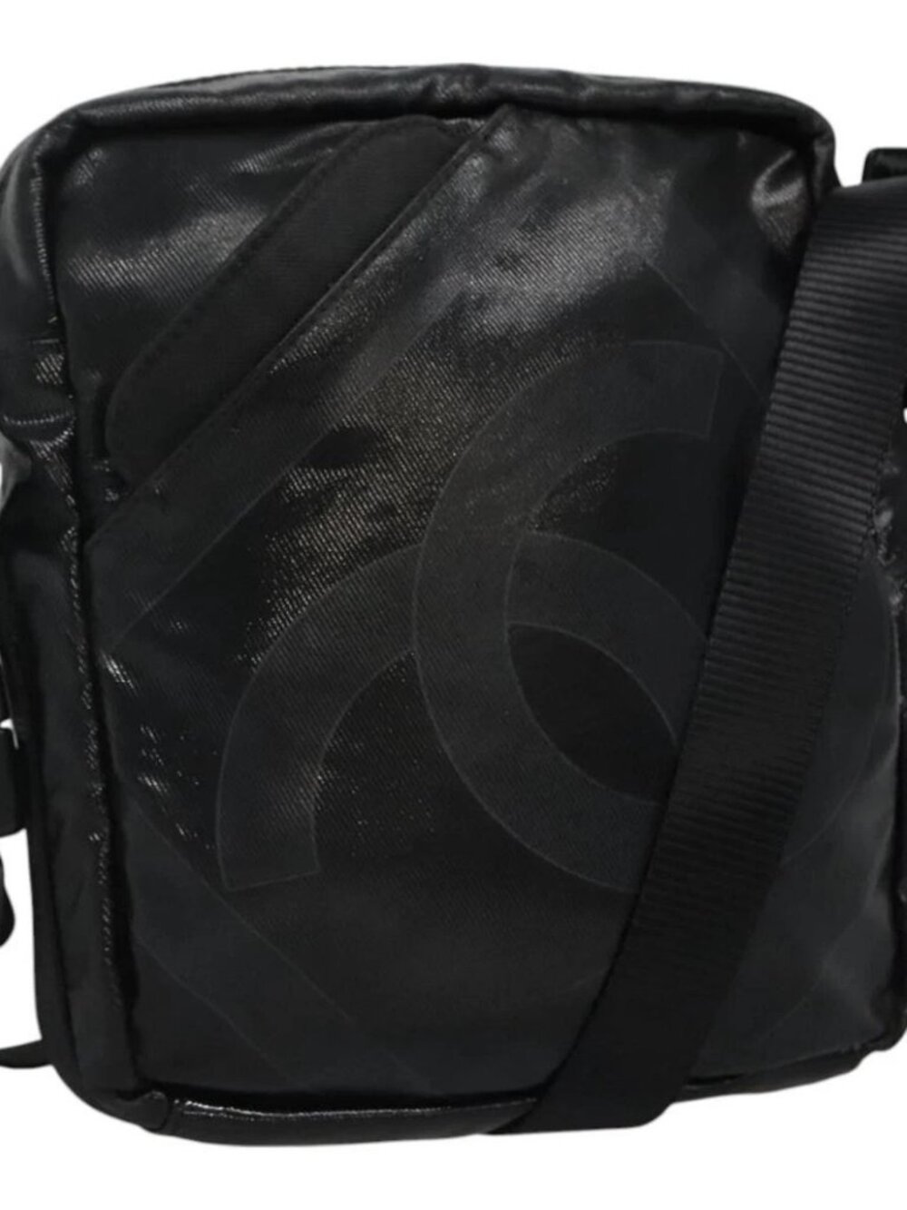 CHANEL Sports COCO Mark Shoulder Bag Coated Canvas Black CC Auth BA202